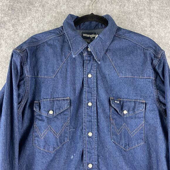 Vintage Wrangler Denim Western Shirt Mens 17.5 35 X-Long Tails Pearl Snap USA - Picture 2 of 15